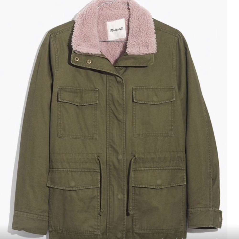 MADEWELL surplus army Sherpa lined jacket olive & pink SMALL
